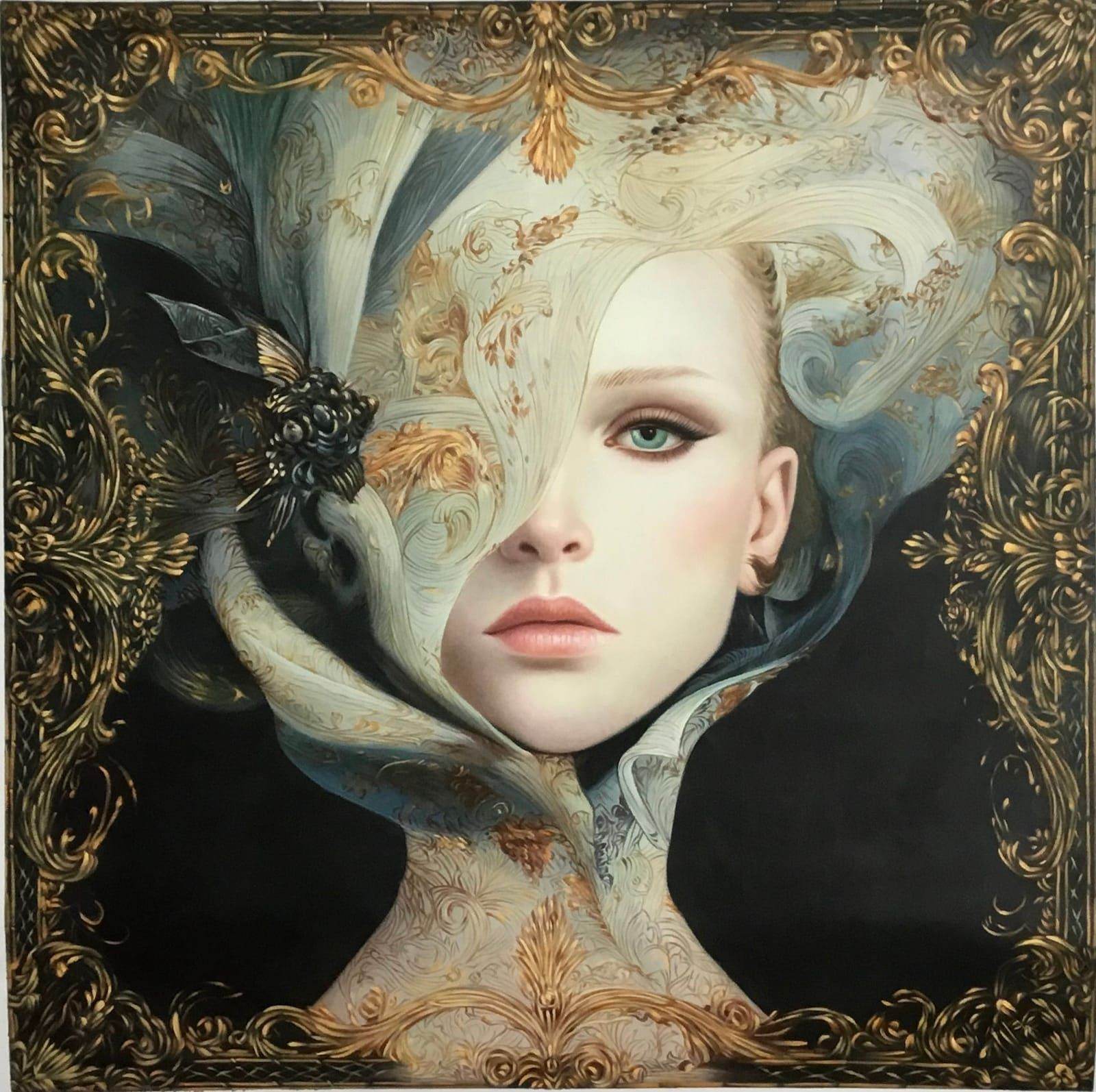 Front-facing female portrait on deep blue ground, voluminous ivory fabric and feather headdress, ornate integrated gold baroque frame, square format 120 × 120 cm.