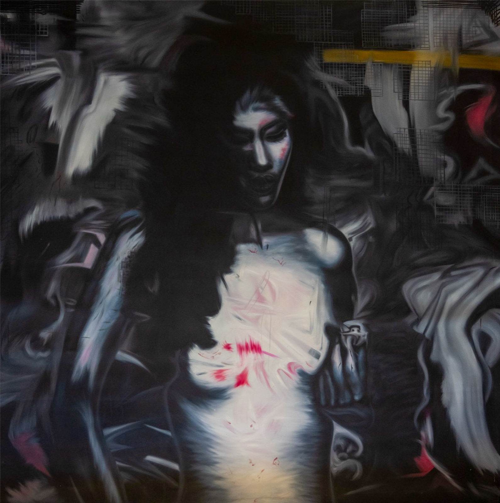Nude woman with luminous skin against black ground with graffiti and industrial structures, red marks on bust, large format contemporary figurative painting.