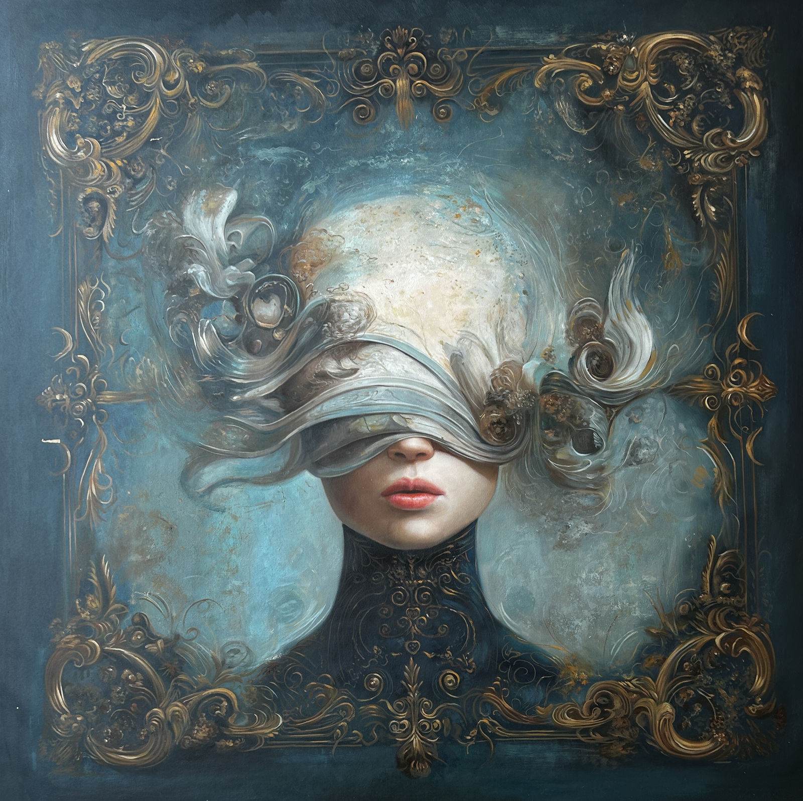 Frontal female portrait on teal ground, sculpted baroque blindfold over the eyes, gold frame integral to the composition, black high collar, red lips, 120 × 120 cm