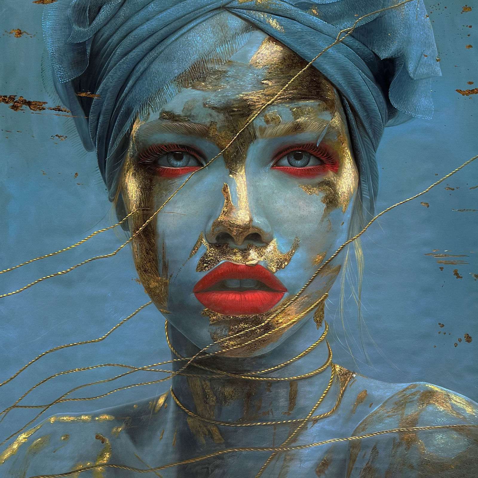 Female portrait emerging from a deep blue ground, ethereal atmosphere, 150 × 150 cm