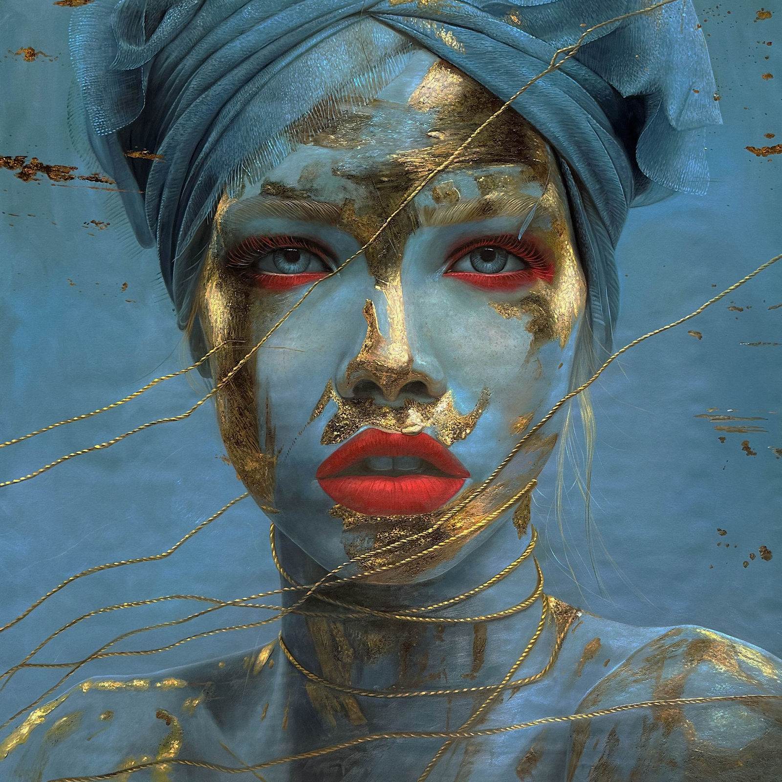 Female portrait emerging from a deep blue ground, ethereal atmosphere, 150 × 150 cm