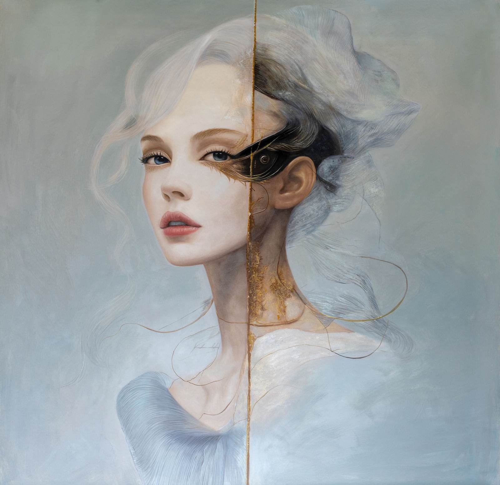 Sovereign female portrait at light-darkness intersection, pearlescent flesh and deep browns, 150 × 150 cm