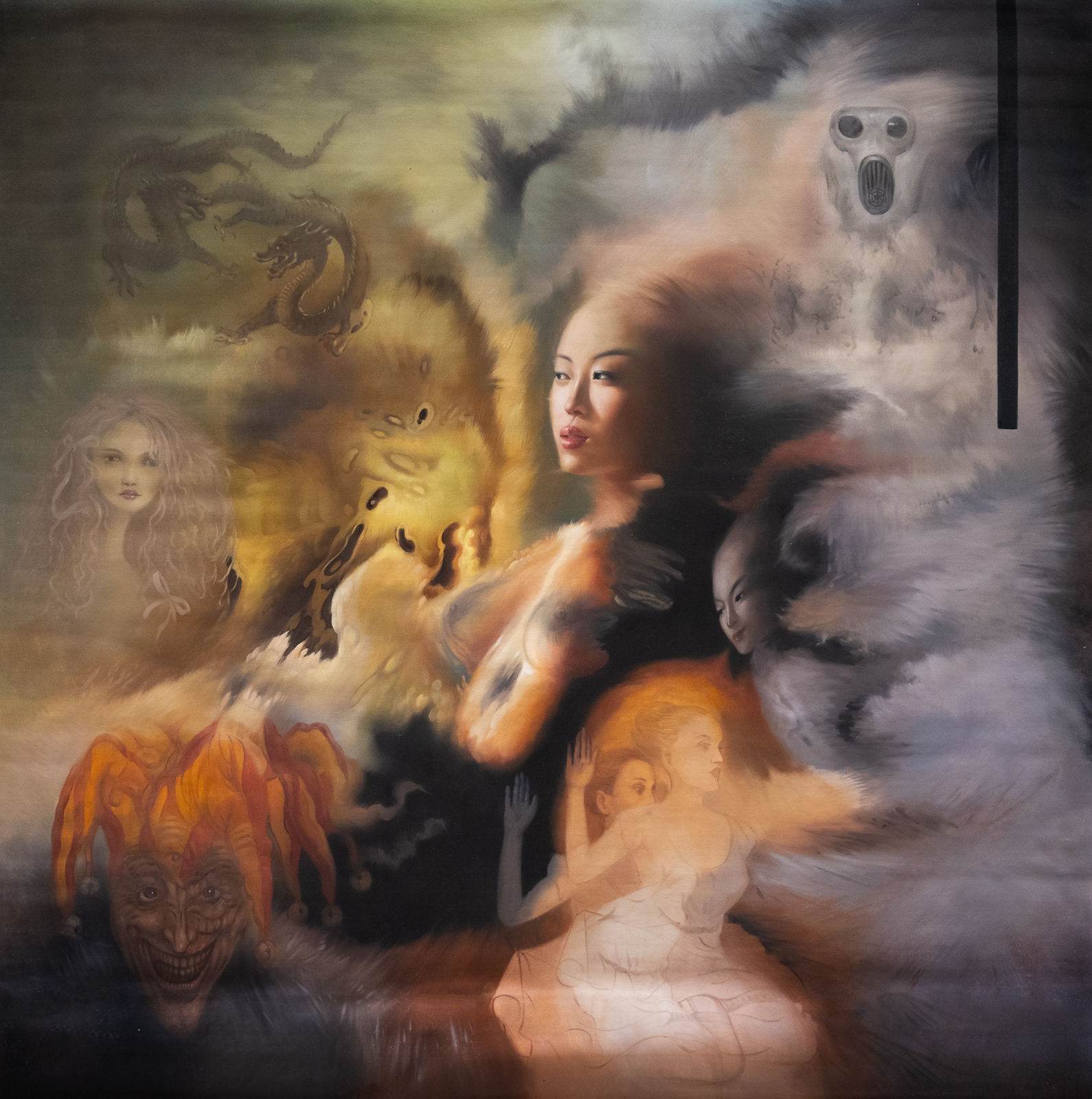 Large surrealist composition, woman at centre surrounded by mythical creatures: golden dragon, fire lion, jester demon, female spectres, bipartite warm and cold ground, 160×160 cm.