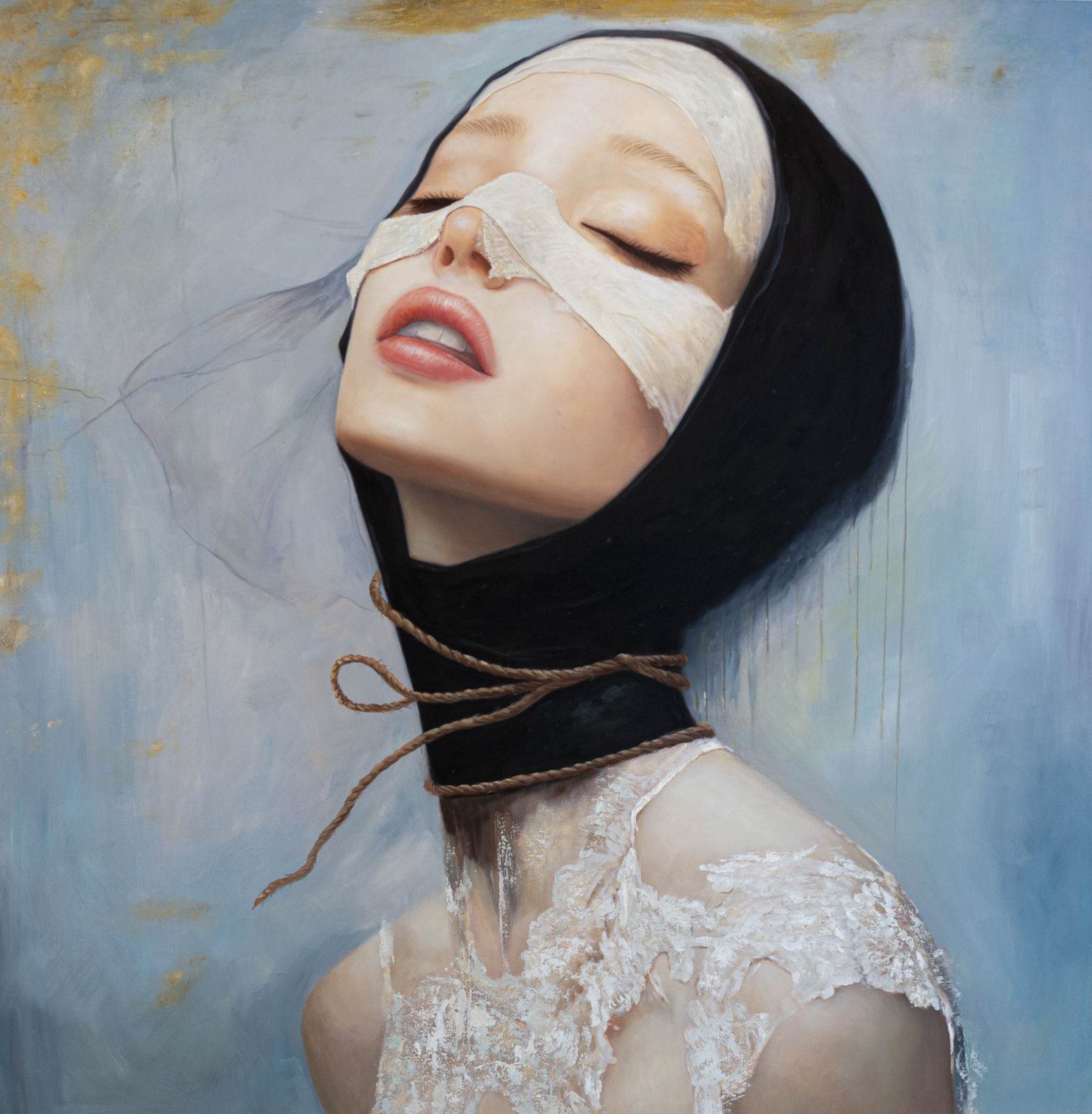 Veiled siren portrait, gold and deep marine green palette, translucent veil, melancholy, 150 × 150 cm