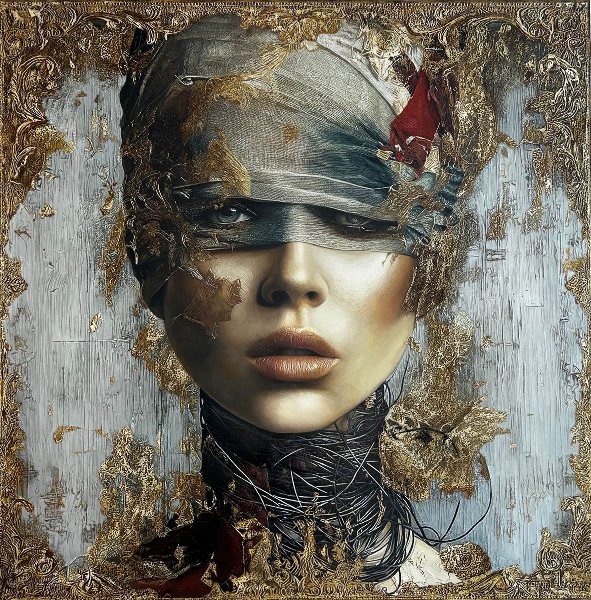 Female portrait, torn dark veil revealing gold and one eye, chased gold baroque frame, neck wrapped in dark threads, grey striated ground, 120 × 120 cm.