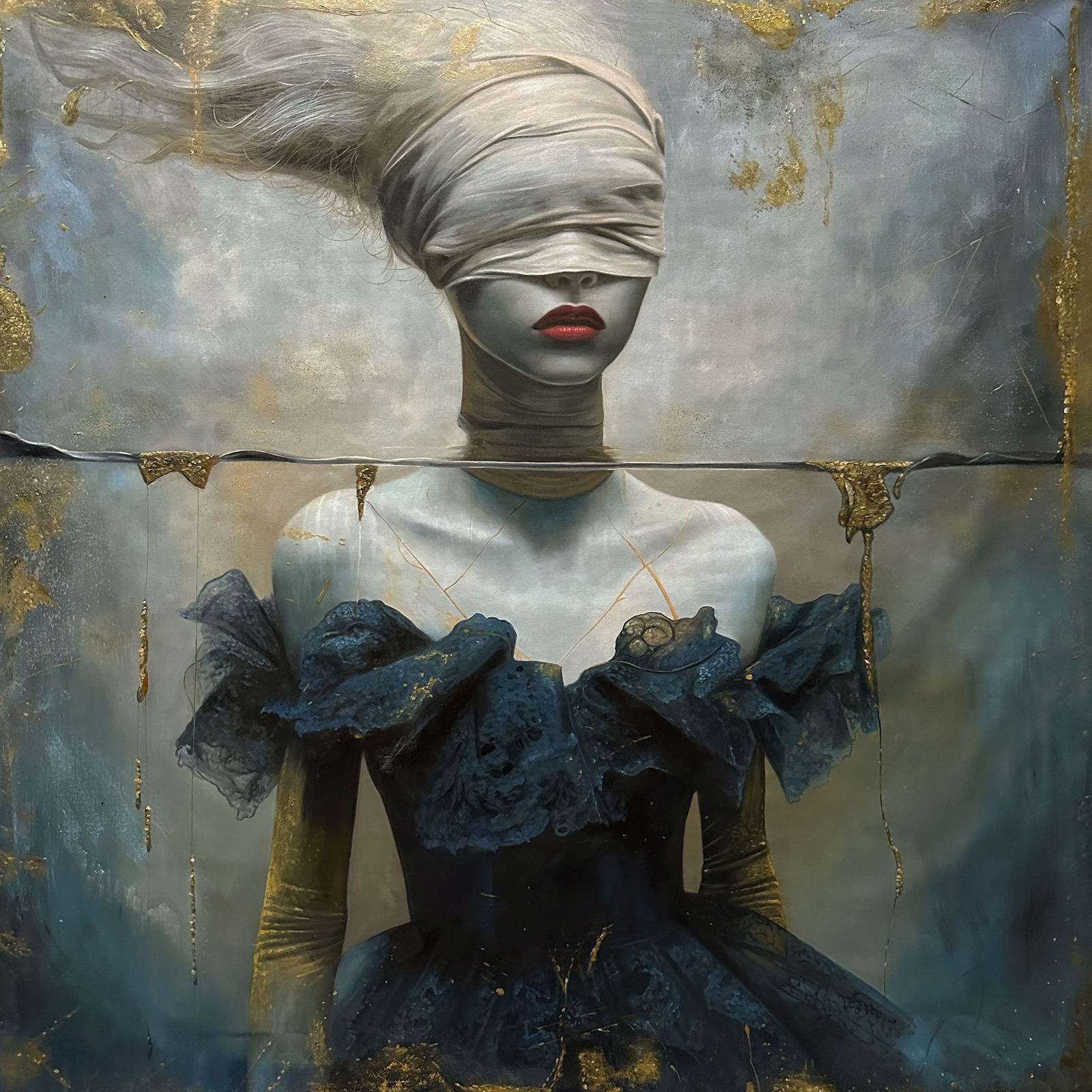 Female portrait in aquatic atmosphere, translucent blues and jade greens, white light touches, 150 × 150 cm