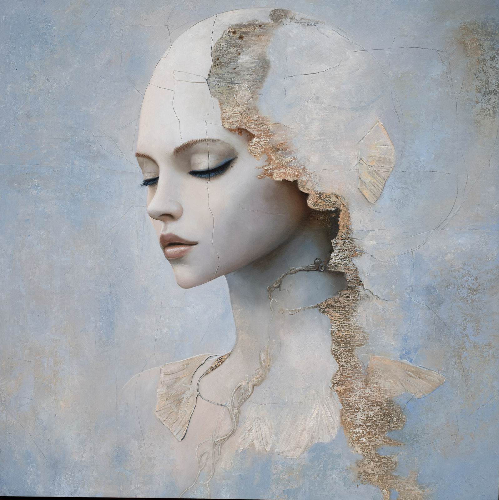 Female profile portrait, skull crumbling right side, golden texture revealed, pale blue-grey ground, ivory palette, 120 × 120 cm