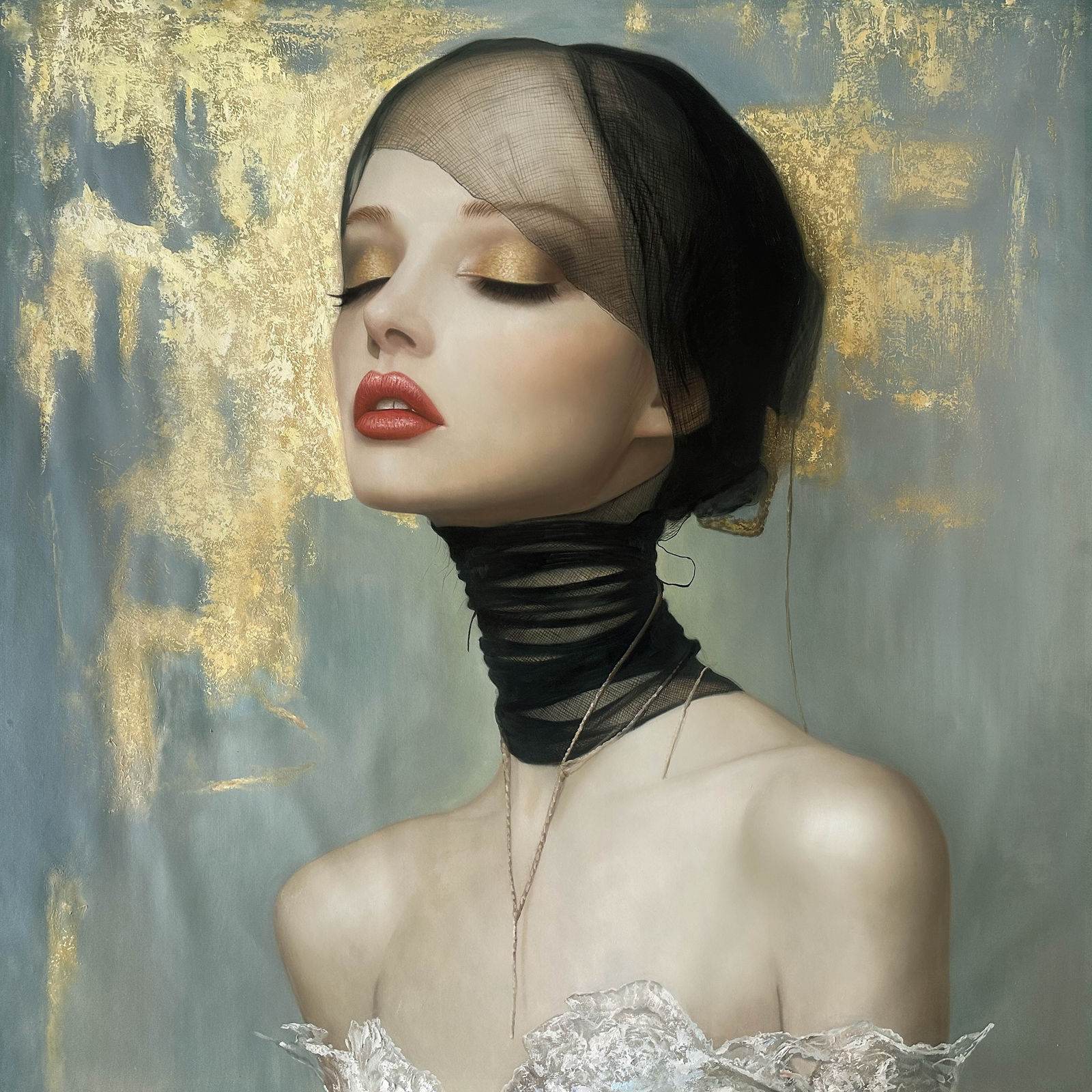 Multi-layered female portrait, translucent veils, floating fragments, illusion and reality, 150 × 150 cm
