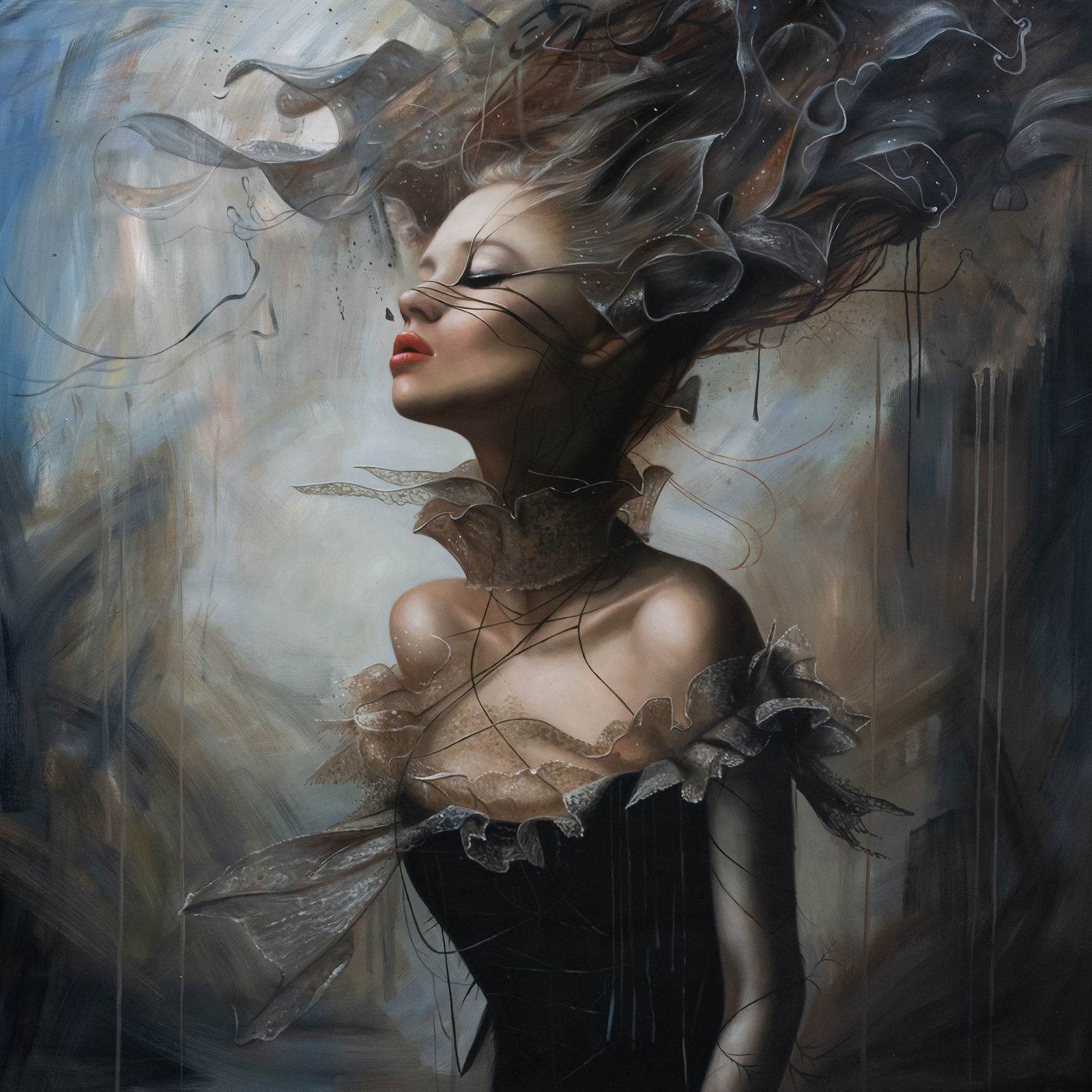 Sovereign female portrait in reverie, royal gold and ochre palette, luminous modeling, 150 × 150 cm