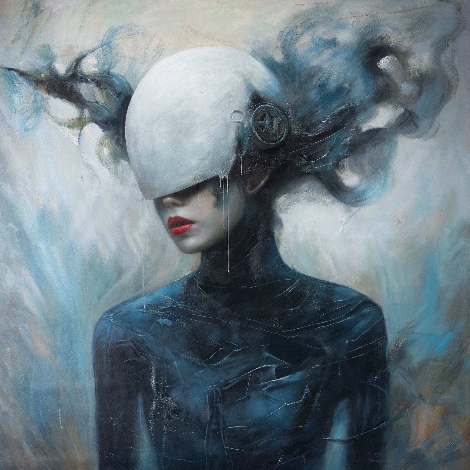Sovereign female portrait, immaculate white helmet, dark ground, mystical presence, 150 × 150 cm