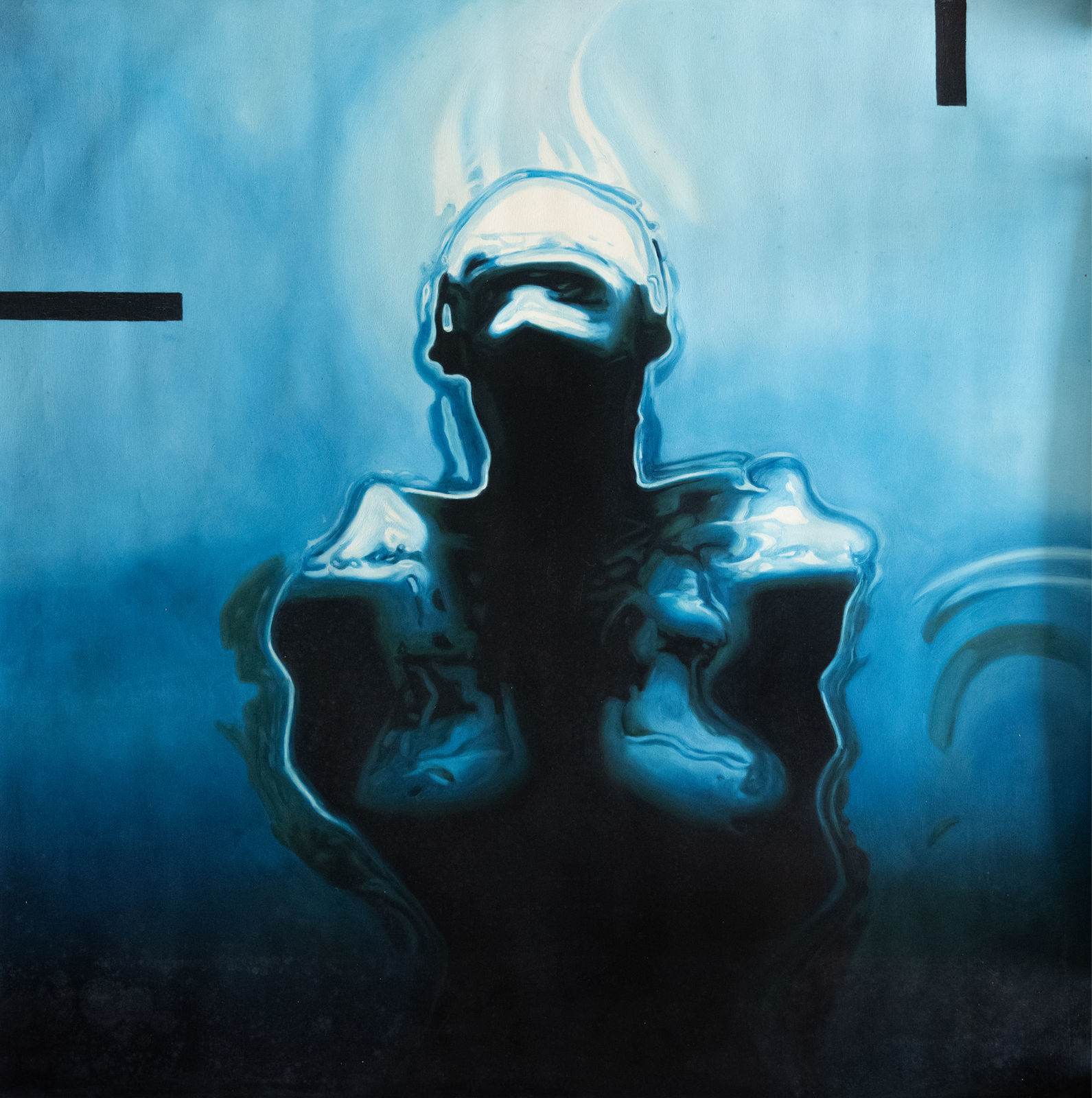 A blue-toned nude figure leaning back, a hand reaching across the body, oil on canvas by Jehan Legac.