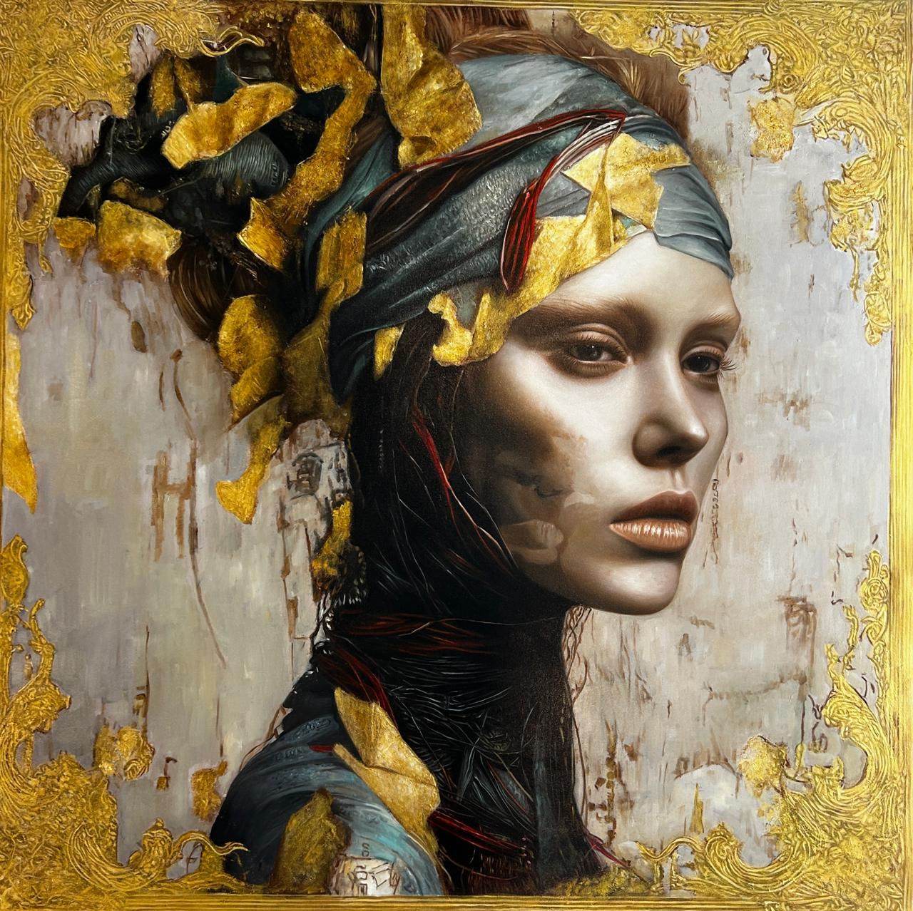 Three-quarter female portrait, direct gaze, dark headband with gold fragments, dark dress with red threads, gold baroque frame, 120 × 120 cm.