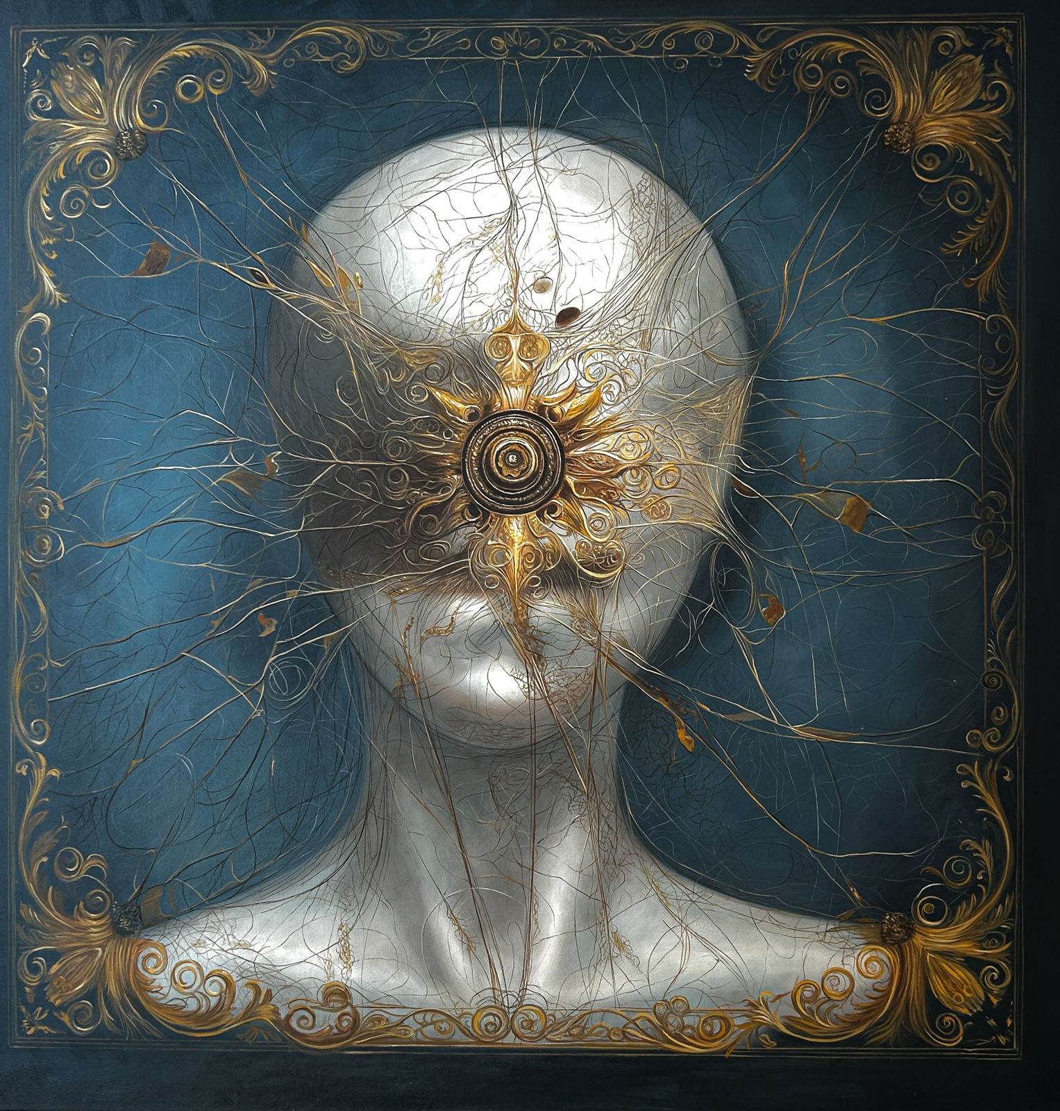 Smooth white-silver head without face, golden solar wheel replacing the eyes, white veins, teal ground, gold baroque frame, 120 × 120 cm